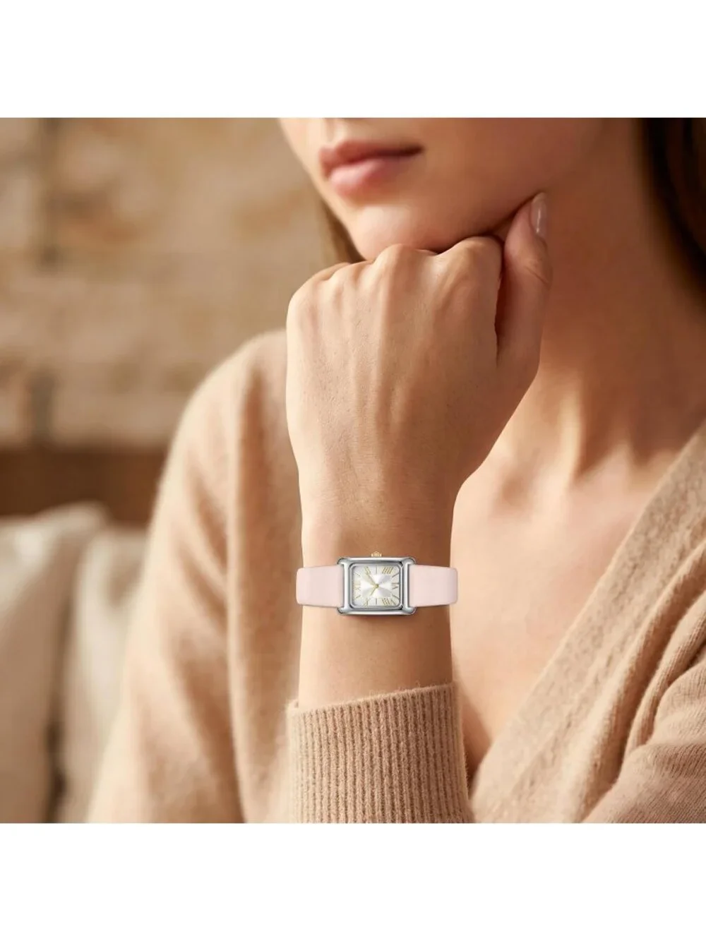 Women's Pink Silver Roman Numeral Leather Strap Square Face Analog Vintage Watch